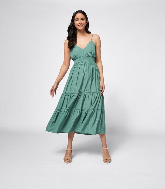 Shirred Waist Midi Length Tiered Dress