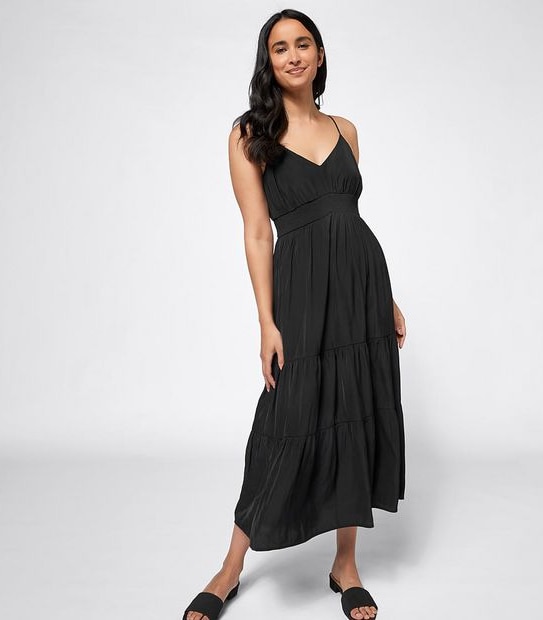 Shirred Waist Midi Length Tiered Dress