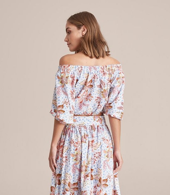 Linen Blended Off Shoulder Blouson Blouse