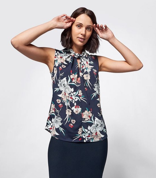 Preview Twist Neck Shell Top - Blue Coral Floral