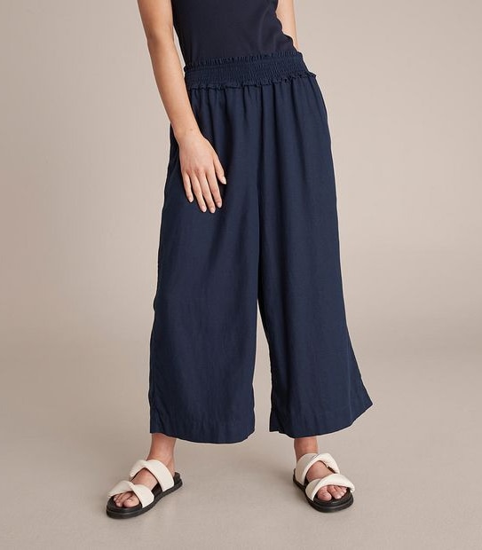 Linen Blend Shirred Wide Leg Pants