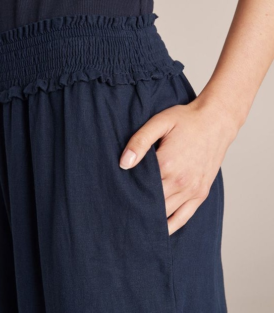 Linen Blend Shirred Wide Leg Pants