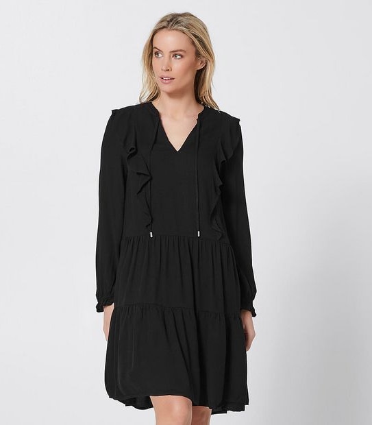 Long Sleeve Tiered Dress - Black