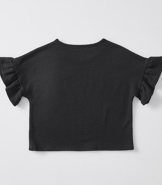 Textured Frill Sleeve T-shirt - Black