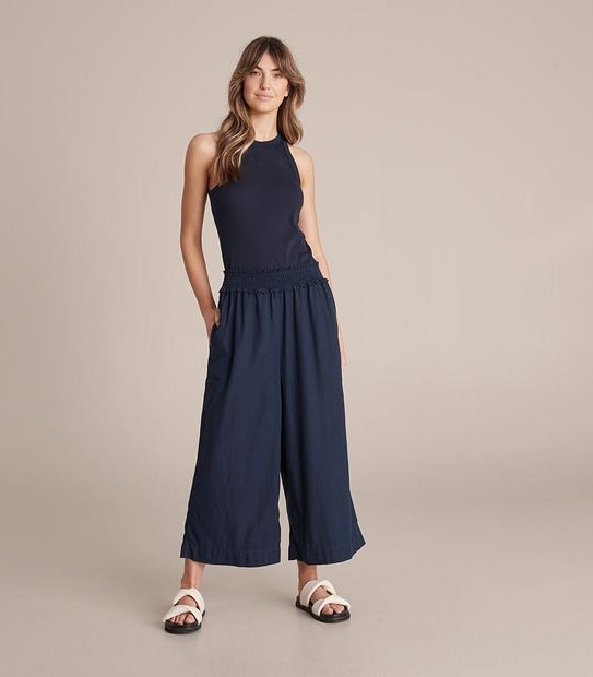 Linen Blend Shirred Wide Leg Pants