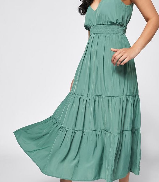 Shirred Waist Midi Length Tiered Dress