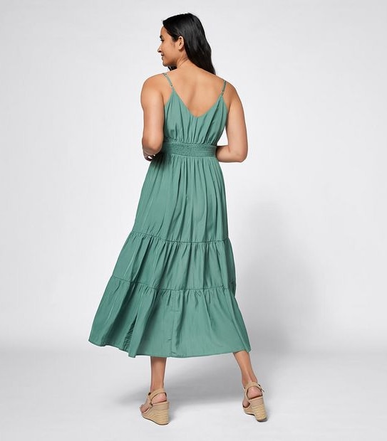Shirred Waist Midi Length Tiered Dress