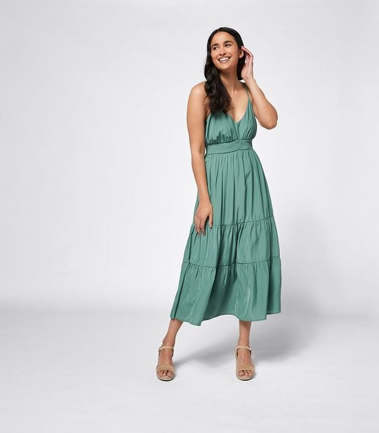Shirred Waist Midi Length Tiered Dress