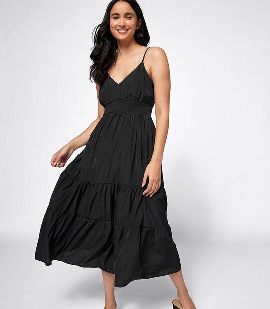 Shirred Waist Midi Length Tiered Dress