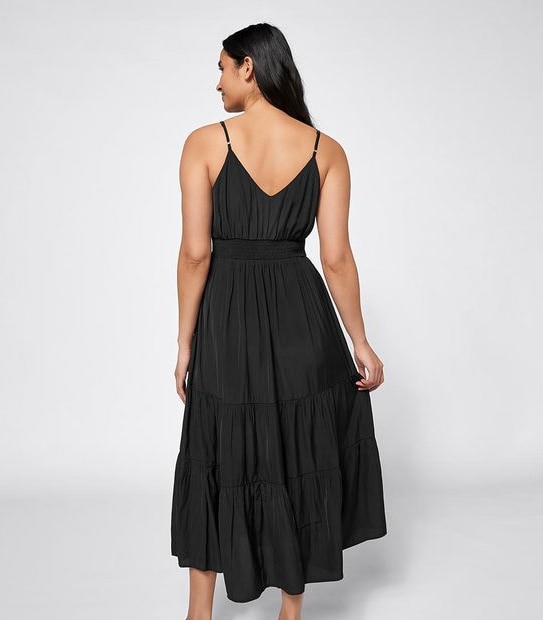 Shirred Waist Midi Length Tiered Dress