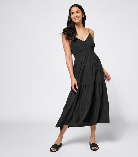 Shirred Waist Midi Length Tiered Dress