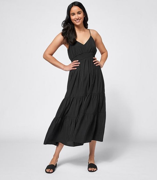Shirred Waist Midi Length Tiered Dress