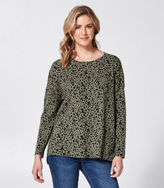 Oversized Boatneck Jumper - Textured Khaki Green Leopard