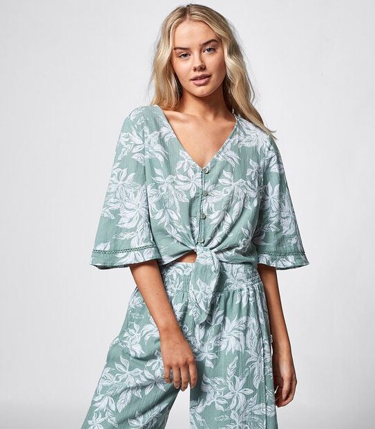 Piping Hot Kimono Sleeve Blouse - Sage Green Tropical