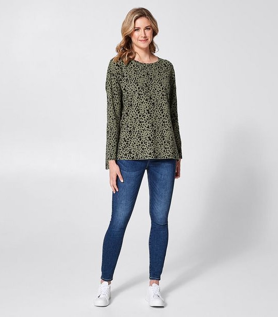 Oversized Boatneck Jumper - Textured Khaki Green Leopard