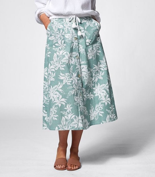 Piping Hot Linen Blend Button Through Midi Length Skirt - Sage Tropical
