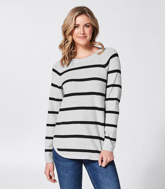 Curved Hem Crew Neck Jumper - Grey Marle/Black Stripe