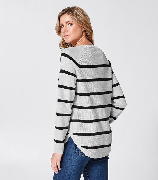 Curved Hem Crew Neck Jumper - Grey Marle/Black Stripe