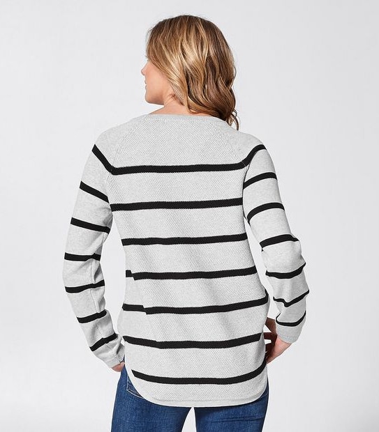 Curved Hem Crew Neck Jumper - Grey Marle/Black Stripe