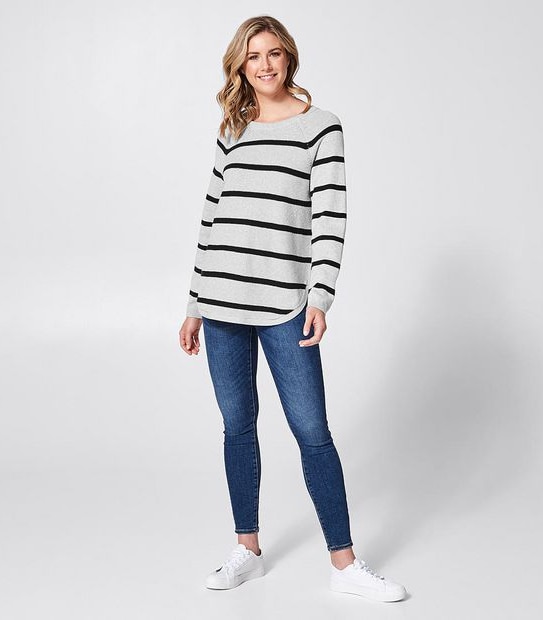 Curved Hem Crew Neck Jumper - Grey Marle/Black Stripe