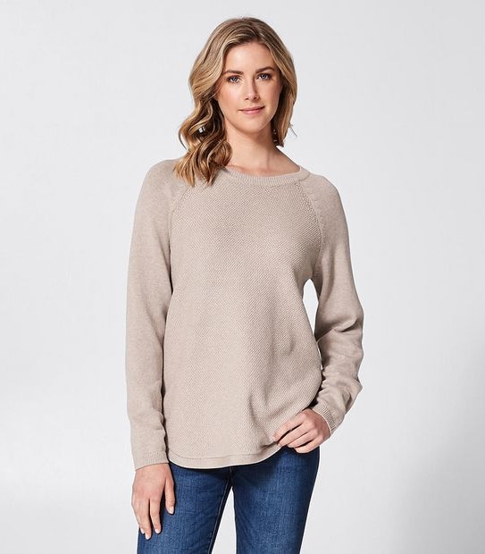 Curved Hem Crew Neck Jumper - Oatmeal Brown Marle