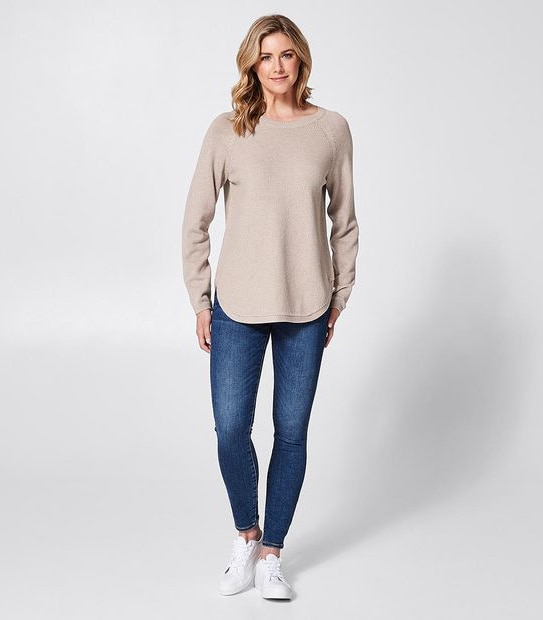 Curved Hem Crew Neck Jumper - Oatmeal Brown Marle