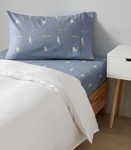 Kids Printed Flannelette Fitted Sheet with Pillowcase - Shark