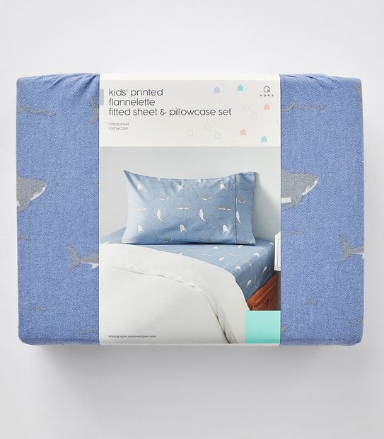 Kids Printed Flannelette Fitted Sheet with Pillowcase - Shark