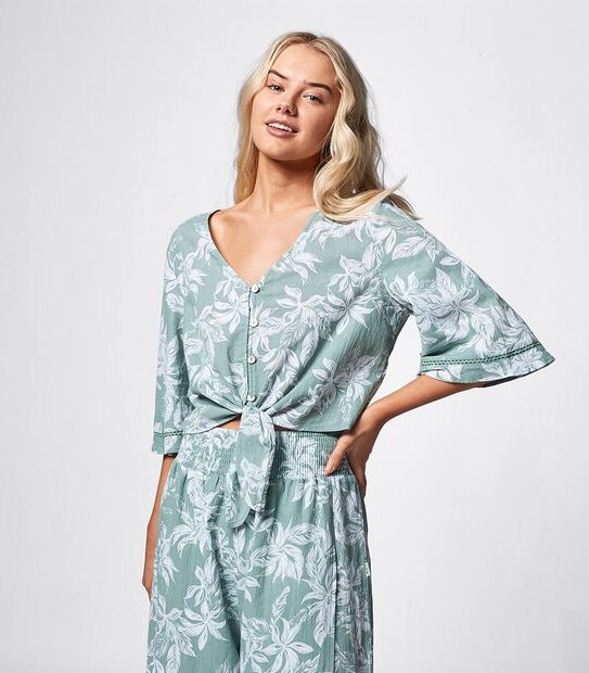Piping Hot Kimono Sleeve Blouse - Sage Green Tropical