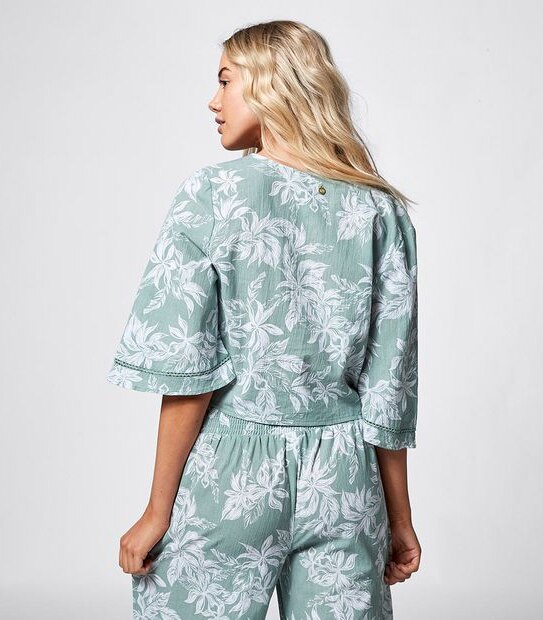 Piping Hot Kimono Sleeve Blouse - Sage Green Tropical