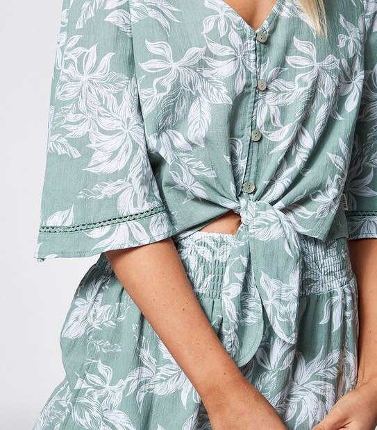 Piping Hot Kimono Sleeve Blouse - Sage Green Tropical