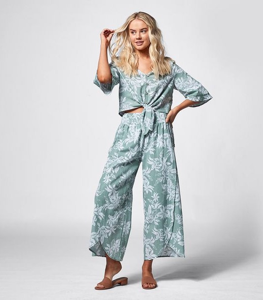 Piping Hot Kimono Sleeve Blouse - Sage Green Tropical