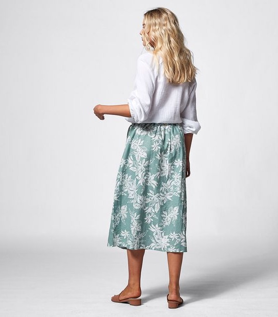 Piping Hot Linen Blend Button Through Midi Length Skirt - Sage Tropical
