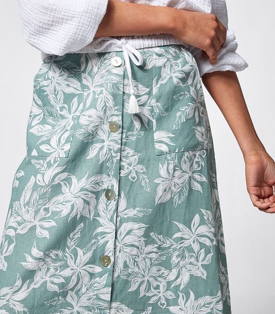 Piping Hot Linen Blend Button Through Midi Length Skirt - Sage Tropical