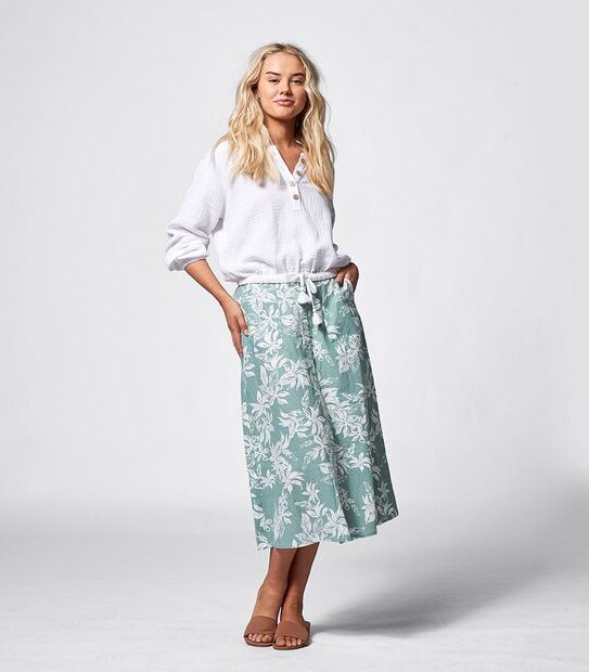 Piping Hot Linen Blend Button Through Midi Length Skirt - Sage Tropical