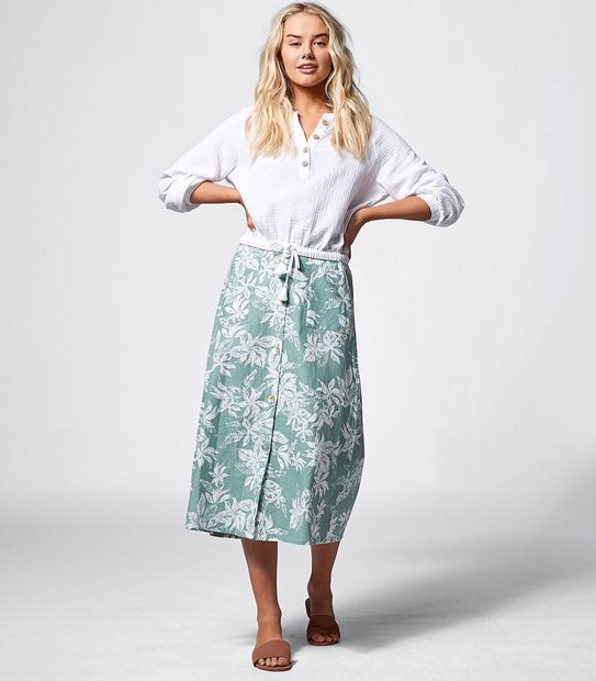 Piping Hot Linen Blend Button Through Midi Length Skirt - Sage Tropical