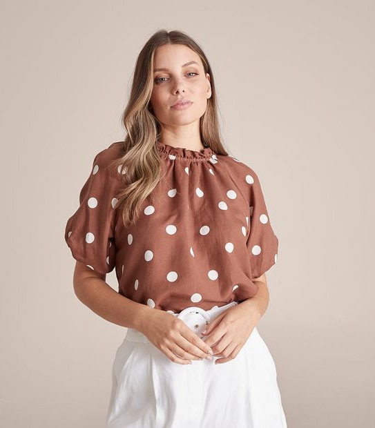 Preview Linen Blend Frill Neck Blouse