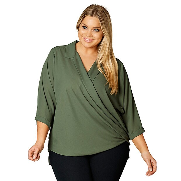 Belle Curve Drape Front Blouse - Thyme Belle Curve Drape Front Blouse - Thyme