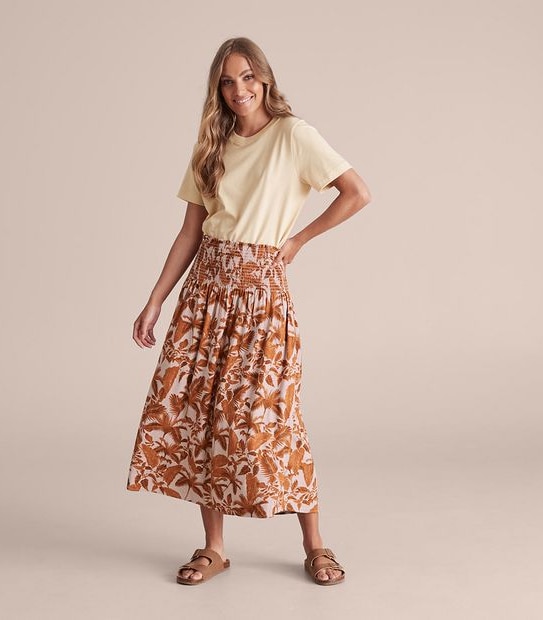 Shirred Waist Midi Skirt