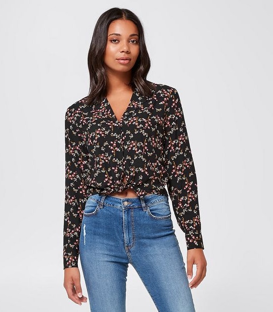 Lily Loves Tie Front Shirt - Black Floral