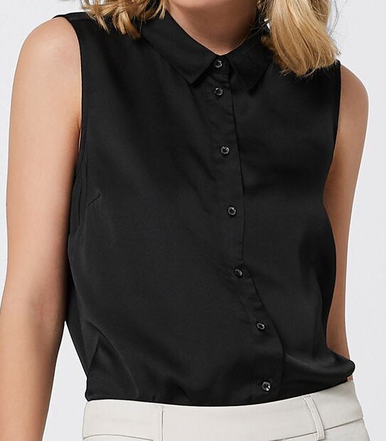 black sleeveless button up blouse