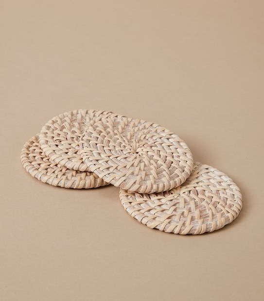 4 Pack White Washed Rattan Coasters