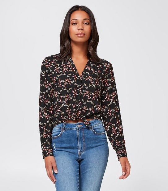 Lily Loves Tie Front Shirt - Black Floral