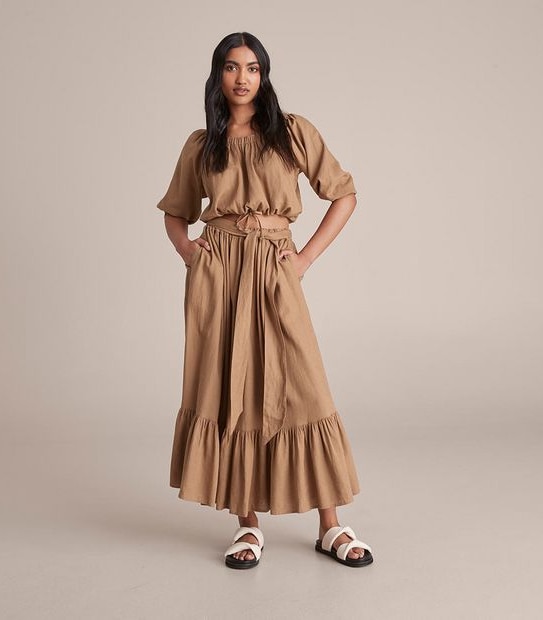 Linen Blend Ruffle Hem Maxi Skirt