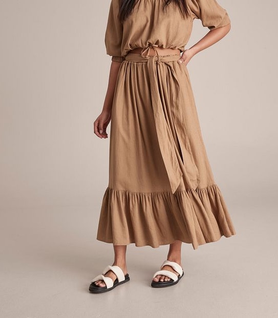 Linen Blend Ruffle Hem Maxi Skirt