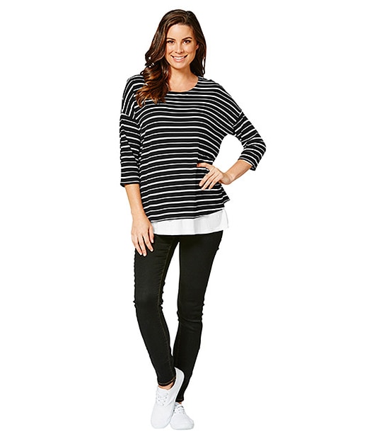 Maternity Layered Nursing Top - Black/ White