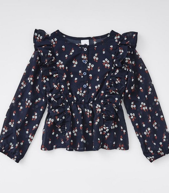 Floral Long Sleeve Blouse - Navy Blue