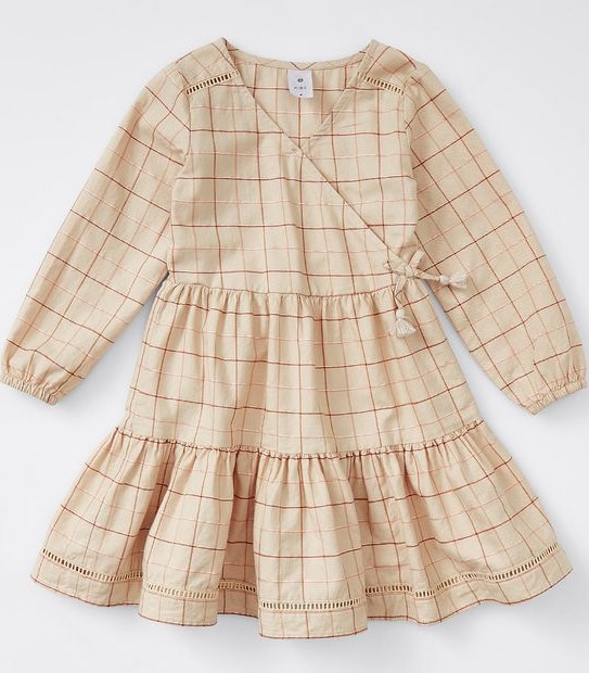 Woven Tiered Wrap Dress - Neutral Metallic Grid Print
