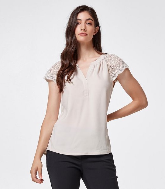 Preview Lace Sleeve Woven and Knit Shell Top - Champagne