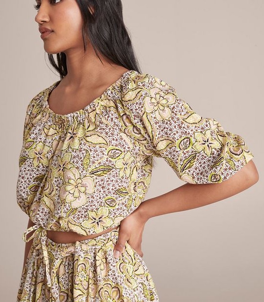 Linen Blended Off Shoulder Blouson Blouse